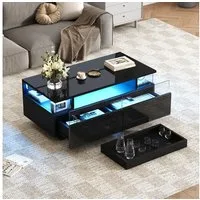 Merax Couchtisch hochglanz Sofatisch Beistelltisch mit LED-Beleuchtung (90x45x35.5cm, 1-St., Schubladen aus Acryl, Glas-Seitenteilen & App-gesteuertem Licht), Wohnzimmertisch mit Tablett, 2 Schubladen & 3 Ebenen Stauraum