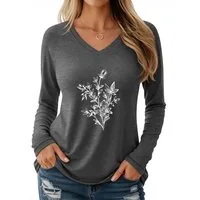PYLIKE Langarmshirt Damen Langarm mit handgezeichnet Blumen Druck bequemes V-Shirt Geeignet für den täglichen Gebrauch im Büro und zu Hause