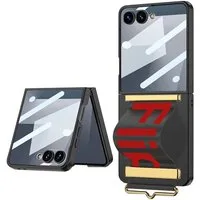 Wigento Handyhülle Für Samsung Galaxy Z Flip7 GKK Displayschutz Trage Band Hülle Schwarz, Elastische Handband mit Metallelementen für komfortables Tragen