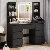 Furnicopia Schminktisch Einstellbare Helligkeit mit 7 Schubladen und 8 offenen Ablagefächern (Größe: 110 x 40 x 139 cm, Integrierte LED-Leiste mit einstellbaren drei Farbtemperaturen, Optional erhältlich mit Hocker mit Stauraum-ostern geschenke)