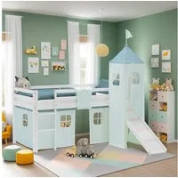 Homestyle4u Hochbett Kinderbett 90x200 Spielbett Kiefer Jungen Weiß Grün Mint Vorhang (Komplett-Set mit Lattenrost, mit Rutsche, mit Turm, Matratze mit OEKO-TEX® Standard 100) mit Rausfallschutz, Junge Spielbett