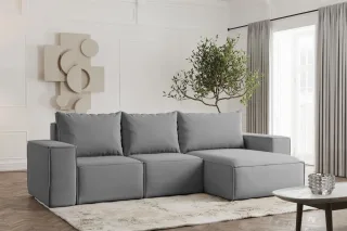 Ecksofa Designersofa ESTELLE in Stoff Opera Velvet Grau Ottomane Rechts