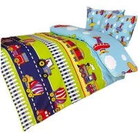 JACK Babybettwäsche 100x135cm Zug Traktor LKW Flugzeug mit RV, Renforcé, 2 teilig, süßes Kindermotiv mit Fahr- und Flugzeugen