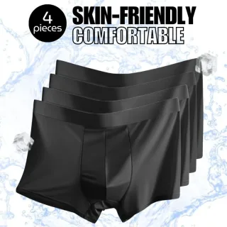 4pcs Men's Ice Silk Mesh Boxer Black Briefs, Summer Thin Style Breathable Comfy Boxer Trunks, Elastic Sports Shorts, Men