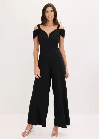 bonprix Overall aus strukturiertem Crepé, schwarz, Gr.40, Overall aus strukturiertem Crepé mit Trägern und Off-Shoulder-Detail
