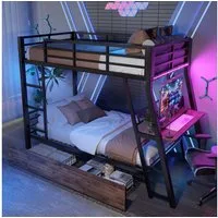 Flieks Etagenbett, LED Metallbett 90x200cm mit Rausfallschutz, Schreibtisch, Schubladen
