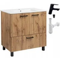 STAMAR Waschbeckenunterschrank Komplettset 80cm Eiche Wotan Keramikwaschbecken Armatur Schwarz