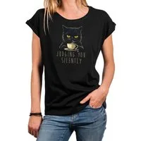 MAKAYA Kurzarmshirt mit Katzenmotiv Damen Shirt Katze Lustige Kaffee Sprüche Frauen Top (Schwarz, 34, 36, 38, 40, 42, 44, 46, 48, 50) aus Baumwolle