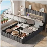 zebery Stauraumbett Polsterbett Doppelbett Mit Bettkasten (Packung, 1-tlg., Mit hydraulischer Funktion), 180x200 cm,USB+Typ-C,Kopfteil und Bettgestell,Leinenstoff,Dunkelgrau