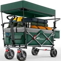 TRESKO Bollerwagen TRESKO Faltbarer Bollerwagen Handwagen (Feststellbremsen (Vorne & Hinten) und 3-Punkt-Gurt, max. belastbar bis 150kg Transportwagen mit Vollgummireifen), Faltbar mit Dach, Kühlfach & Seitenrollos Handwagen