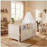 roba® Komplettbett Savanna Friends oder Woodland Buddies 70x140 cm - niedliche Designs, mit Bettwäsche, Himmel & Matratze - Mitwachsendes Babybett - Naturgrau