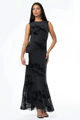 Blumen-Flush-Print-Tüll-Maxikleid