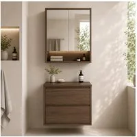 Lomadox Badmöbel-Set VERZUOLO-56-WALNUT, (Spar-Set, 2-St., Spiegelschrank Waschbeckenschrank Waschtischplatte), in Walnuss, wandhängend, grifflos, LED-Beleuchtung