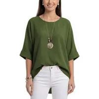 dy_mode Kurzarmbluse Damen Bluse Oversize Tunika Leichte Viskosebluse Oberteil Einfarbig in Unifarbe, High-Low Saum, mit passende Kette