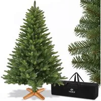 VESKA Künstlicher Weihnachtsbaum Naturgetreu mit Holzständer, Tannenbaum 140cm / 180 cm, Nordmanntanne, dichte Zweige, mit Aufbewahrungstasche, LED Beleuchtung