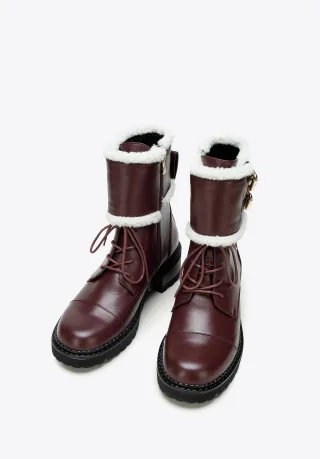 Wittchen Damen-Lederstiefel mit Schnallen und Lammfell, Pflaume, Naturleder