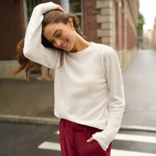Pullover mit Perlenärmeln für Damen, Damen, size: regular, Elfenbein, Polyacryl/Woll-Mischung, by Lands' End