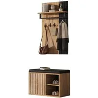 Refined Living Garderoben-Set Schuhbank mit Kleiderstange, 2 Türen, 3 Haken & Sitzbank Schwarz/Natur, (B70×T36×H146 cm, Flurmöbel, Schuhschrank mit Sitzbank, Kleiderstange, 2 Türen, 3 Haken, 1-St., platzsparend, multifunktional, modern, Schwarz + Nat