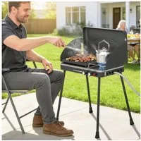 Outsunny Gasgrill mit Braten, klappbar Beine, Grillrost, Windschutz, Deckel, Verschluss, Campinggrill, Tischgrill, für BBQ Camping