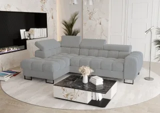 Ecksofa Schlafsofa BASTIEN in Stoff Terra Grau Ottomane Links