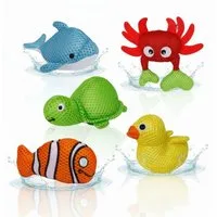 alldoro Badespielzeug Aquanauts Badetiere für Kinder, 5er Set für Badewanne, Pool und See, schwimmende Tiere: Delfin, Ente, Schildkröte, Krebs & Clownfisch