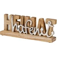Levandeo® Deko-Schriftzug, Deko Aufsteller Heimathafen L30cm Braun Holz Silber Mango Maritim