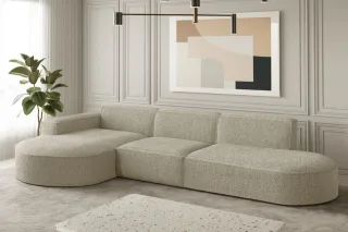 Ecksofa Designersofa PALMA in Stoff Ascot Champagne Ottomane Links