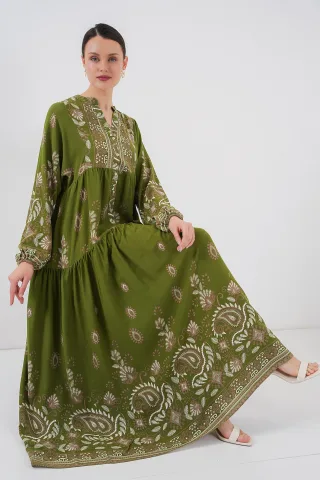 Gedrucktes V-Ausschnitt Maxikleid mit Knopfverschluss