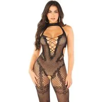 Leg Avenue Bodystocking Netz-Bodystocking mit offenem Schritt und Herzmuster - schwarz (1 St) Herz Akzente und Cut Out Details