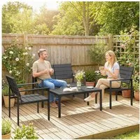 Outsunny Sitzgruppe HDPE Lamellendesign wetterfest Outdoor, (Set, 4-tlg., 1 Tisch, 2 Sessel, 1 Zweisitzer), für Garten Balkon Schwarz
