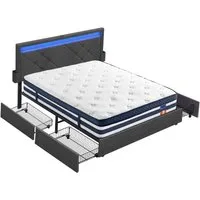 VASAGLE Polsterbett Polsterbett mit LED & 7-Zonen Taschenfederkernmatratze Set, 140x200 cm, 4 Schubladen, USB, H3