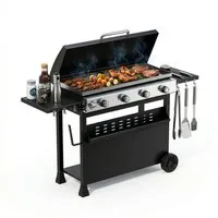 GarveeMore Standgrill Gasgrill 4 Brenner 32000 BTU mit Deckel, BBQ Grillwagen, mit Seitenablagen und Rädern