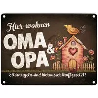 speecheese Metallschild Hier wohnen Oma und Opa Metallschild in 15x20 cm Elternregeln außer