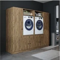 Roomart Waschmaschinenumbauschrank Schrankwand 224 cm, 2 Geräte, Ausziehbrett, Waschküche, in 3 Farben (Schrankwand für Waschküche und Hauswirtschaftsraum, mit praktischem Ausziehbrett) 2 Geräteöffnungen, Ausziehbrett, 2 Größen, 3 Farben