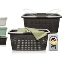 Hausfelder Wäschekorb Wäschewanne 58x37x25cm (Anthrazit-Schwarz, 1 Korb + 1 Wanne, 35 l) (Set, 2 St., Wäschekorb + Wäschewanne), mit klappbaren Henkeln, mit Griffen, 35 Liter