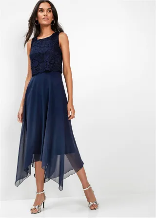 bonprix Premium Chiffonkleid mit Spitze, blau, Gr.46, Elegantes Abendkleid mit Spitzenoberteil und Zipfelrock