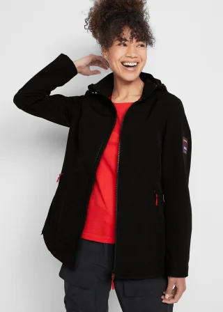 bonprix Wasserabweisende Stretch-Softshelljacke, schwarz, Gr.54, Praktische Softshelljacke mit abnehmbarer Kapuze und Reißverschlusstaschen, gerade geschnitten, aus Softshell