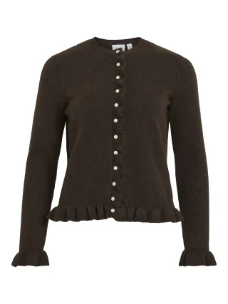 VILA - VIJACIA O-NECK L/S FRILL KNIT CARDI/1 Coffee Bean - Gr. - S