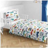 MTOnlinehandel Babybettwäsche Fahrzeuge 135x100 + 60x40 cm, Renforcé, Auto Motiv, 100% Baumwolle, 2 teilig, Liebevolles Muster – weich, hautfreundlich und pflegeleicht