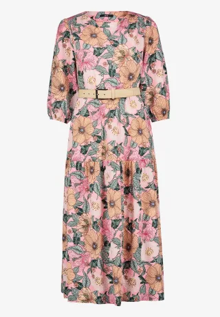 zero - Blumenkleid Maxi mit Gürtel rosé/green - Gr. - 38