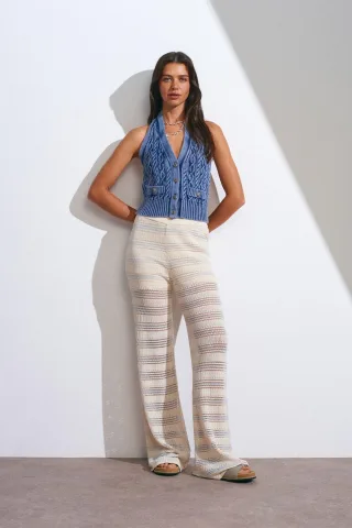 Damen Hohe Taille Weite Streifenstrickhose