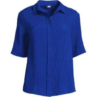 Kurzärmeliges Crinkle-Hemd, Damen,  Blau, Nylon/Viskose, by Lands' End