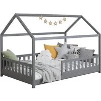 Ticaa Hausbett Kay mit Rausfallschutz aus Kiefer, Kinderbett 120x200, inkl. Dach, mit Rollrost, mit Matratze