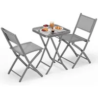 TLGREEN Balkonset Klappbar Balkonmöbel Set 3-teilig, (Wetterfest Bistroset mit Glasplatte & Textilene-Stühlen, 1 Klapptisch + 2 Klappstühle), Platzsparend für Kleinen Balkon Terrasse Garten