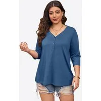 Imily Bela Oversize-Shirt Damen 3/4-Ärmel Henley-Shirt V-Ausschnitt Loose Basic Tunika (Packung, 1-tlg., 1per-Pack) in Unifarbe