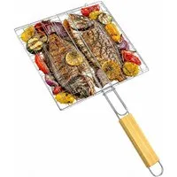BAYLI Grillspieß Grillgitter 23x21 cm mit Holzgriff – Grillrost aus Metall für Fisch