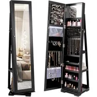 COSTWAY Schmuckschrank stehend, mit Spiegel & Regal, drehbar, abschließbar