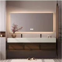 Muxing Badmöbel-Set Doppelwaschbecken Travertinoptik mit Spiegel und Unterschrank, (Set)