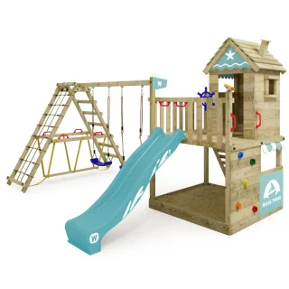 Spielturm Smart Shell mit Wellenrutsche, Doppelschaukel und Kletteranbau - Massivholz Garten-Spielhaus für Kinder für grenzenlosen Spaß - Wickey