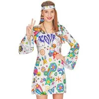 andrea-moden Kostüm Hippie Flower Power Damen Kleid 'Hope', Weiß Bunt